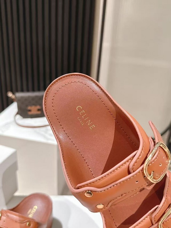 2025 Women Celine Brown Leather Platform Sandals LY00300