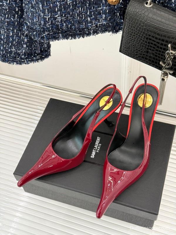 2025 Women Yves Saint Laurent Burgundy Patent Leather Slingback Heels