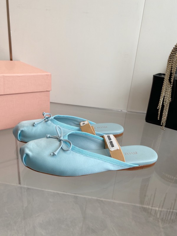 2025 Women Miu Miu Light Blue Satin Slip-On Ballet Flats KFY00280