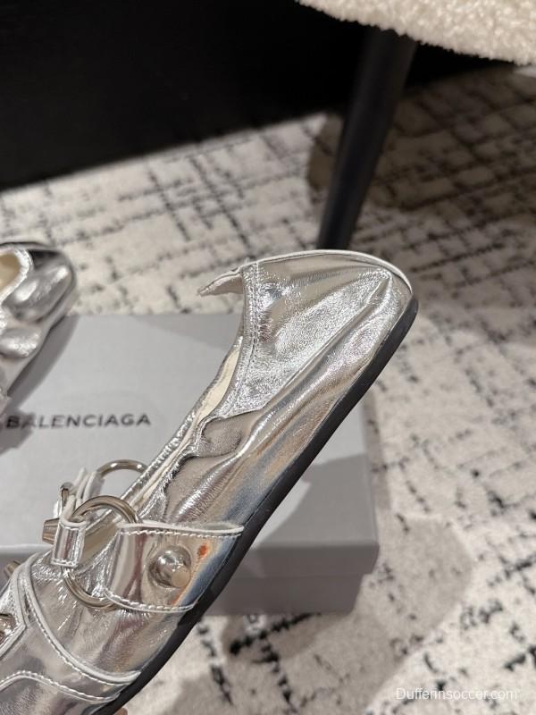 2025 Women BALENCIAGA Silver Leather Ballet Flats Metal Buckle KFY00300