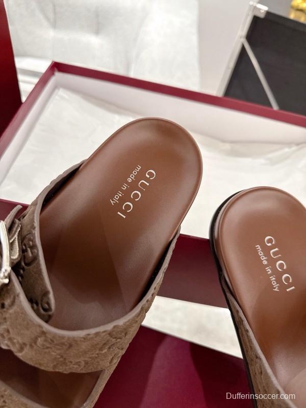 2025 Unisex Gucci Brown Leather Slippers Double G Embossed AS00240
