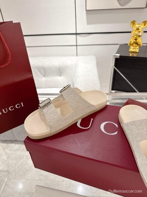 2025 Women Gucci White Leather Slippers Double G Embossed AS00240