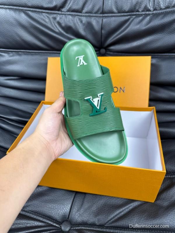 2025 Men Louis Vuitton Green Leather Slippers AS00170