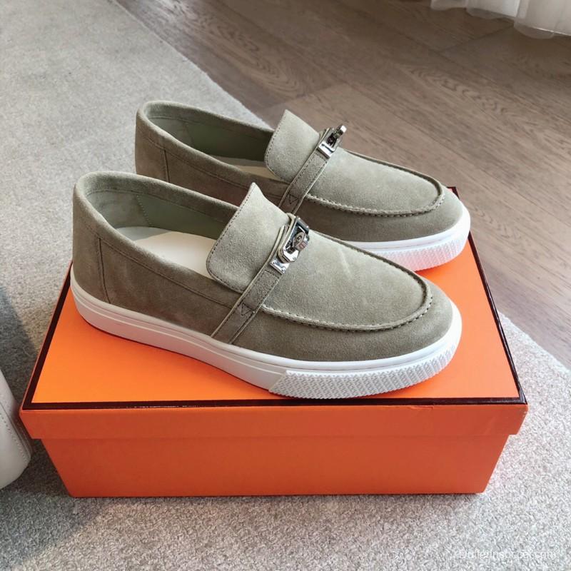 2025 Unisex Hermès Khaki Suede Leather Loafers AS00380