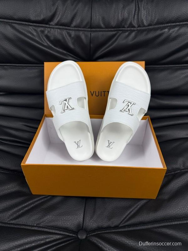 2025 Men Louis Vuitton White Leather Slippers AS00170