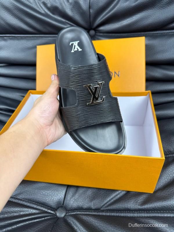 2025 Men Louis Vuitton Black Leather Slippers AS00170