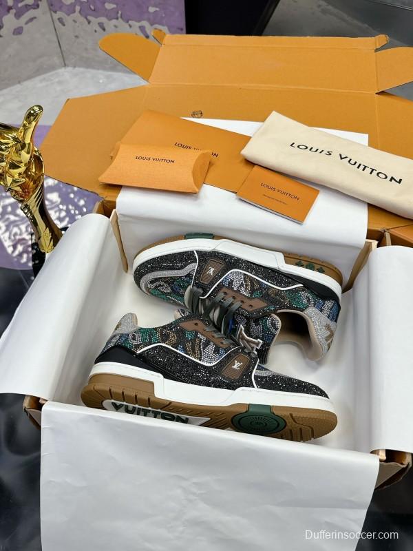 2025 Unisex Louis Vuitton Blue Grey Black Leather Fabric Sneakers Handcrafted Crystals AS00400