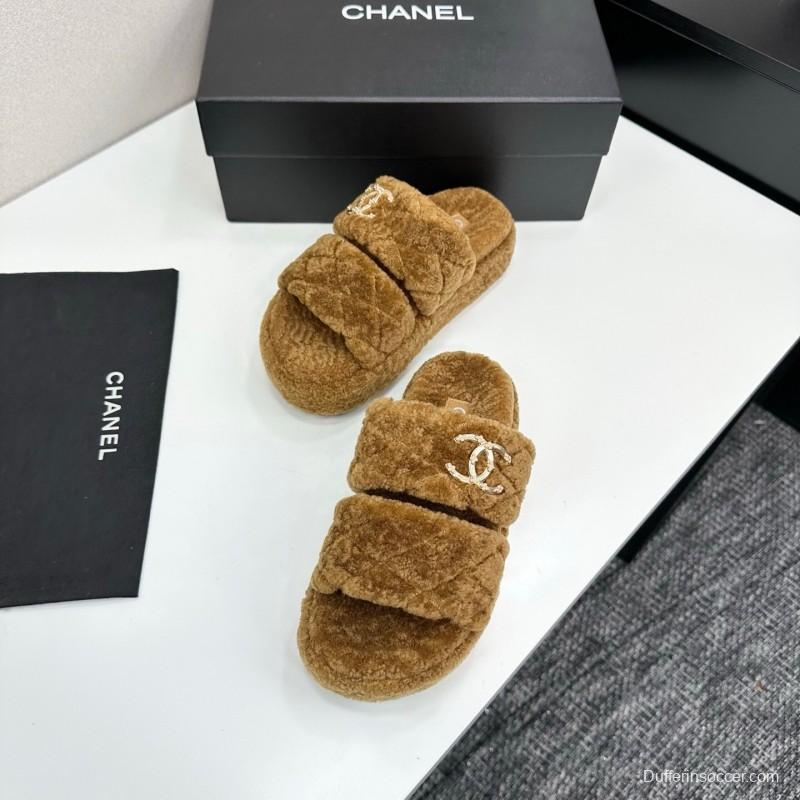 Chanel 2025 SS New Autumn Winter Lazy Sheep Genuine Wool Lazy Slippers Chanel Quilted Thick Sole Fur Slides - LY00300