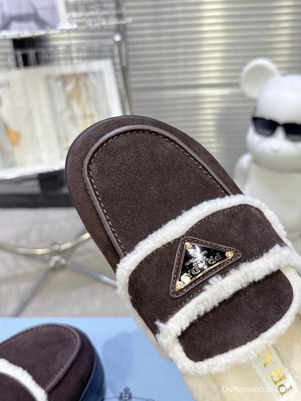 Prada SS25 Early Spring Fur Slippers with Rubber IP Ultra-Light Foam Sole - KFY00280