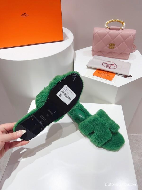 H Teddy Wool H Slippers Flat Sole Fur Slippers - LY00240