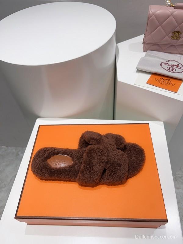 H Teddy Wool H Slippers Flat Sole Fur Slippers - LY00240