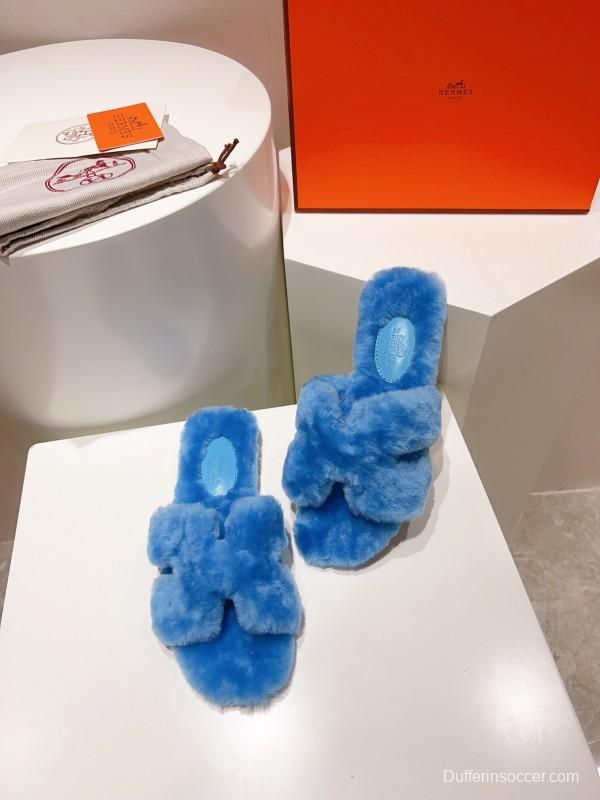 Hermès Teddy Wool H Slippers Flat Sole Fur Slides - LY00240