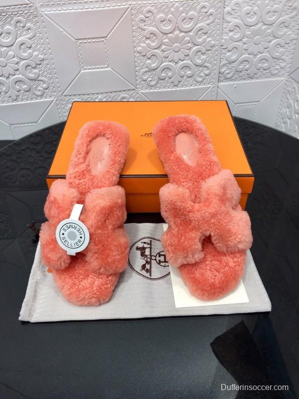 H Teddy Wool H Slippers Flat Sole Winter Home Shoes - LY00240