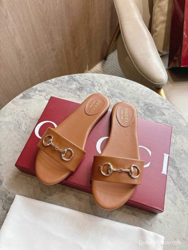 Gucci 8023-3 Leather Sandals with Light Gold Horsebit Detail