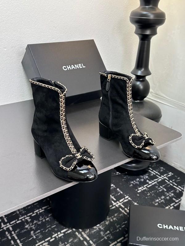 Chanel 2025 SS Chain Bow Chunky Heel Ankle Boots - LY00370