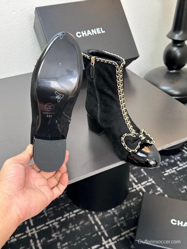 Chanel 2025 SS Chain Bow Chunky Heel Ankle Boots - LY00370