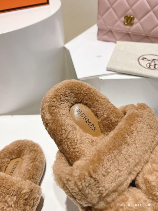 H Love Tulle Full Wool Fur Slippers with Wavy Fur - LY00270