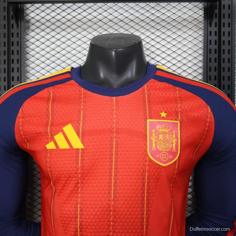 Player Version 2026 Spain Home Long Sleeve Red with Vertical Stripe Pattern Jersey