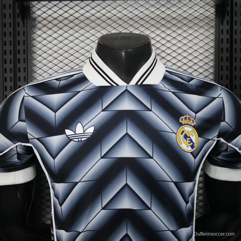 Player Version  1988/89 Real Madrid Third Navy Blue with 3D Geometric Chevron Pattern Jersey