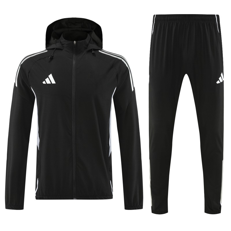 26/27 Adidas Black With White logo Full Zipper Hooded Jacket Tracksuit + Long Pants