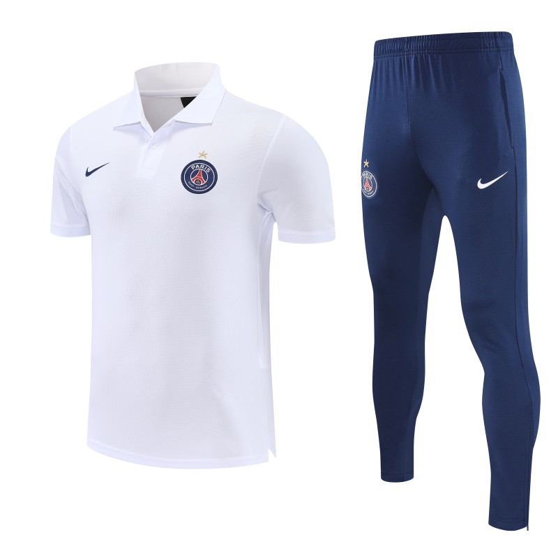 26/27  Paris White Polo Training Shirt +Navy Blue  Long Pants Tracksuit