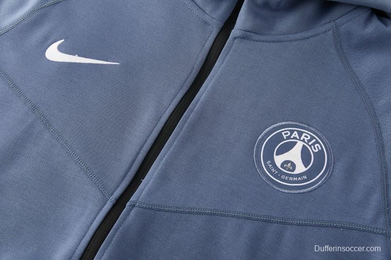 26/27  Paris Saint-Germain Steel Blue Full Zipper Hooded Jacket Tracksuit + Long Pants