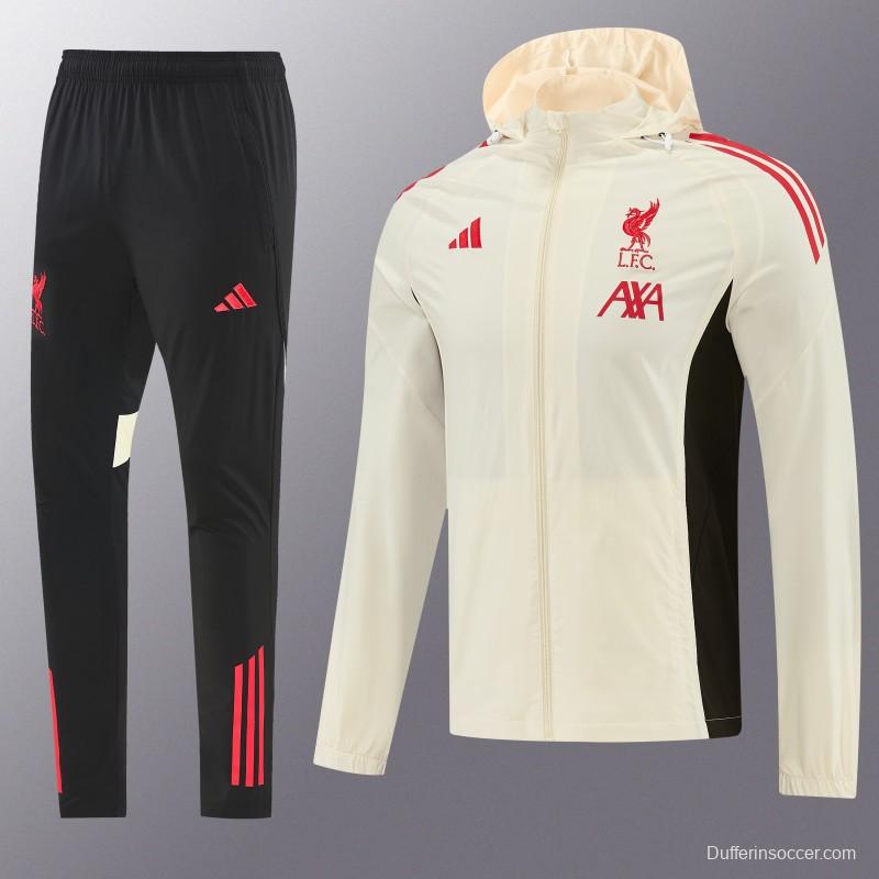 26/27 Liverpool Cream Full Zipper Hooded Jacket Tracksuit + Black Long Pants