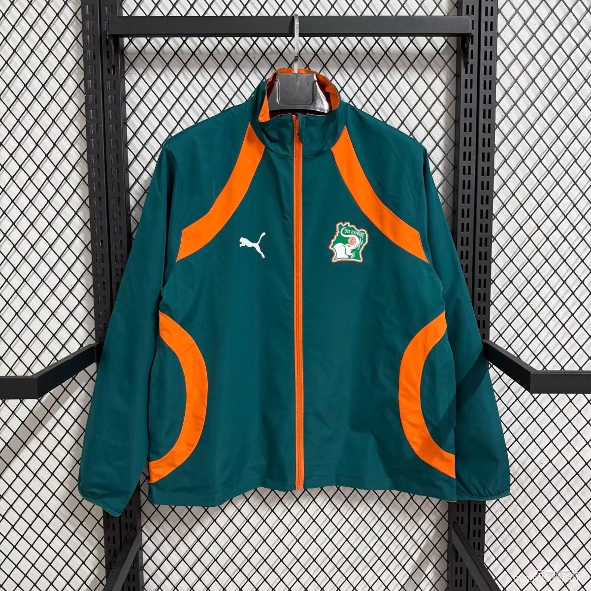 2026 Ivory Coast Teal Green with Orange Curved Stripes Full Zipper Windbreaker
